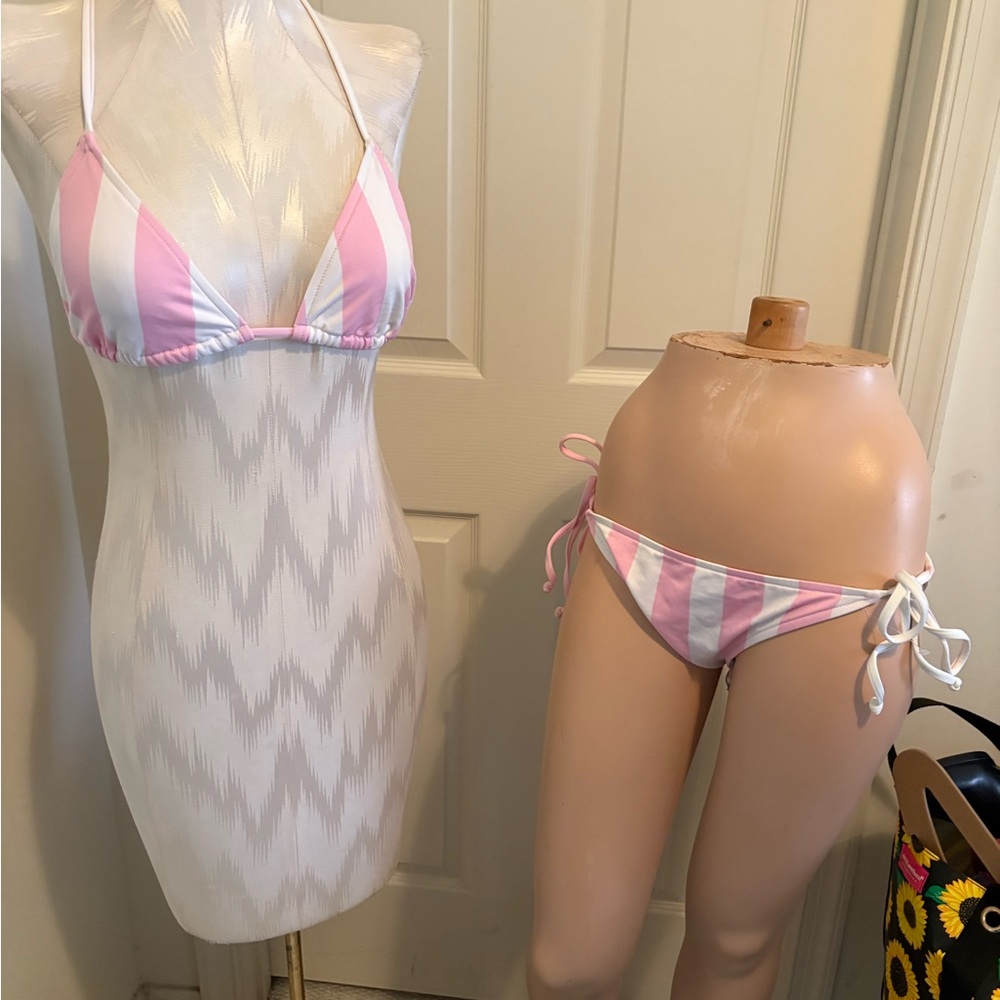 Kushcush Kerry Cushman new size L Pink and White Striped Bikini Set $145